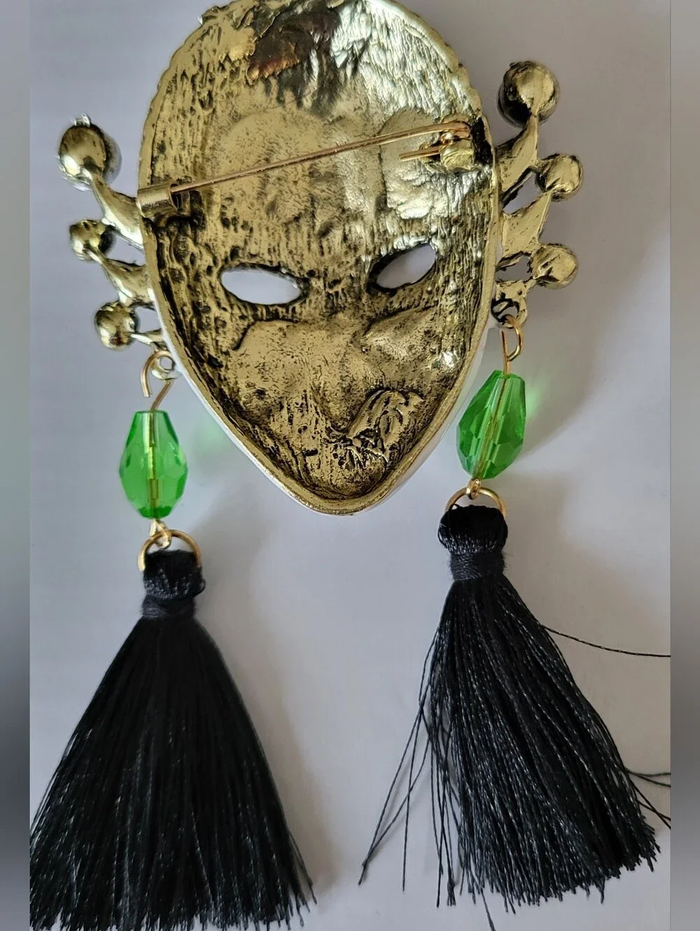 Bold Masquerade Mask Face Tassel Brooch- Black and Green Enamel & Rhinestones